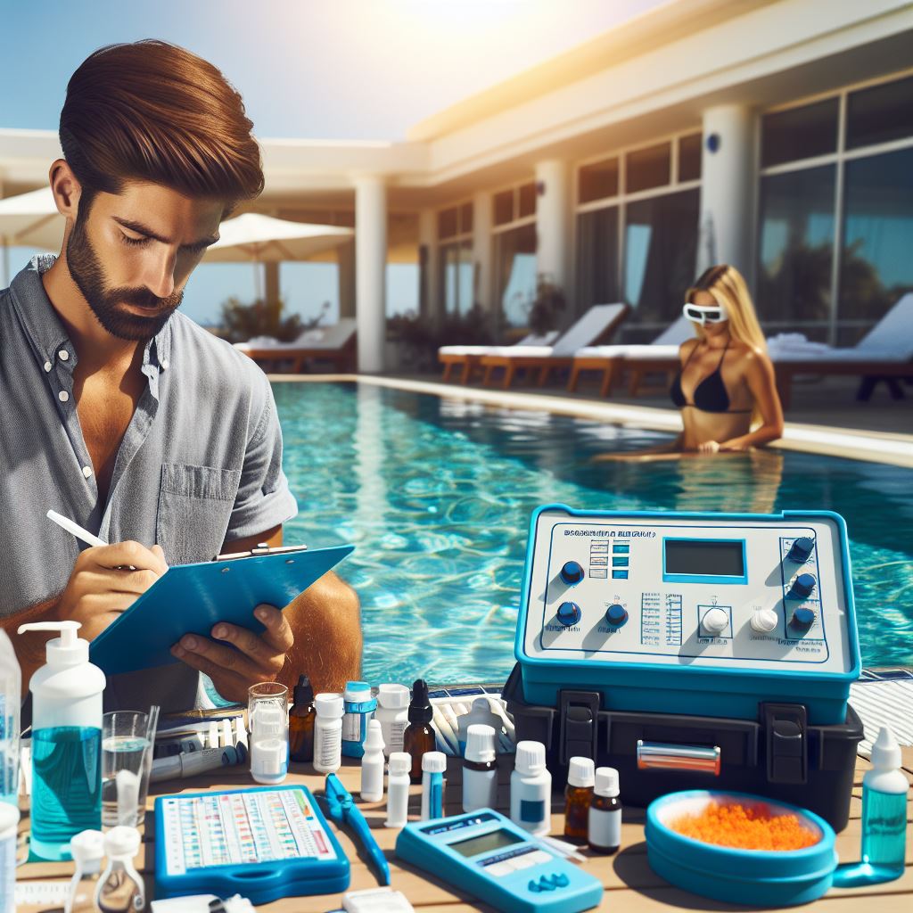 A trained technician conducting a thorough water analysis at a swimming pool, using high-quality testing equipment. The technician is testing key parameters such as pH, chlorine levels, alkalinity, and calcium hardness, with various testing kits and tools laid out on a nearby table. The pool water is crystal clear, reflecting the sunny sky. The technician is focused and methodical, ensuring accuracy in the testing process while taking notes on findings. The atmosphere conveys professionalism and attention to detail, highlighting the importance of maintaining optimal water quality for the pool and spa.