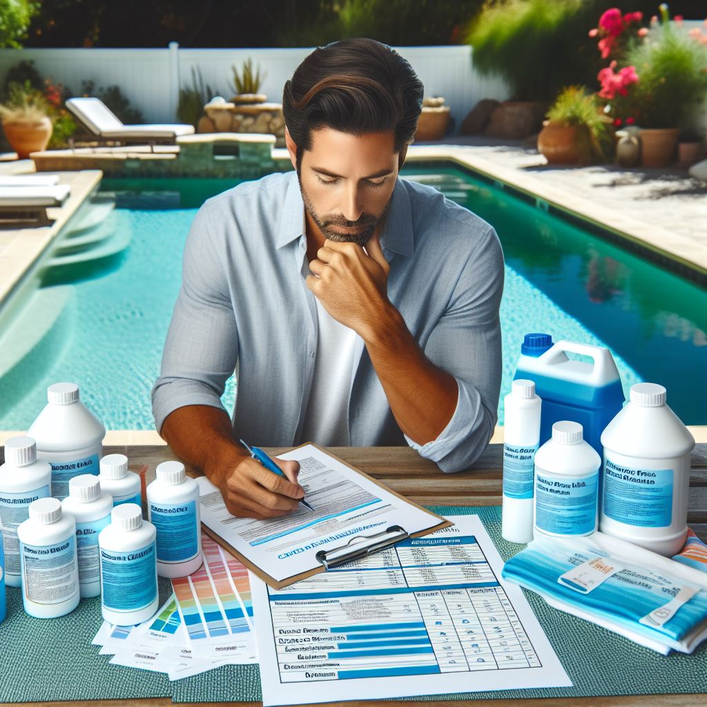 A pool technician developing a customized water treatment plan based on a recent water analysis. The technician is seated at a table with the analysis report and various chemical products, such as chlorine, algaecides, and balancing agents, spread out in front of them. The plan includes notes on specific chemical adjustments, cleaning protocols, and maintenance recommendations. The technician is thoughtfully reviewing the information, ensuring that the plan is tailored to the specific water conditions and usage patterns of the pool. The background features a sparkling clean pool, reinforcing the goal of maintaining optimal water quality.