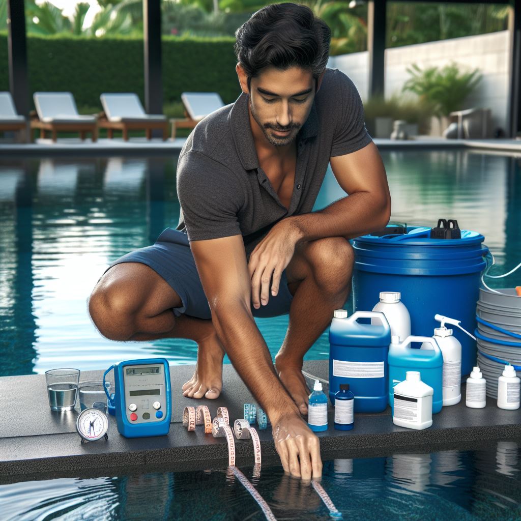 A pool technician efficiently implementing a customized water treatment plan at a swimming pool. The technician is in the process of adding necessary chemicals to the water, with measuring equipment and chemical containers visible nearby. They are also performing cleaning tasks, such as skimming debris from the surface and brushing the walls. The pool water is clear and inviting, reflecting the sun's rays, indicating a well-maintained environment. The atmosphere is focused and professional, emphasizing the goal of achieving optimal water balance, clarity, and sanitation for safe swimming all season long.