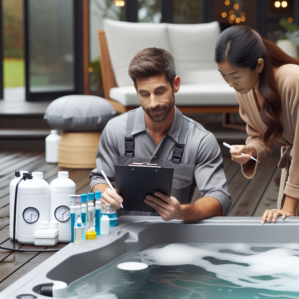 A spa technician assessing the current water quality of a spa, equipped with testing kits and tools. The technician is checking parameters like pH and chlorine levels, with a clipboard to note findings. Nearby, a homeowner is engaged in conversation, discussing specific concerns and preferences regarding the drain and refill process. The spa area is clean and inviting, with steam rising gently from the warm water. The atmosphere is collaborative and informative, emphasizing the commitment to tailoring the service to meet the homeowner's needs while ensuring optimal water quality.