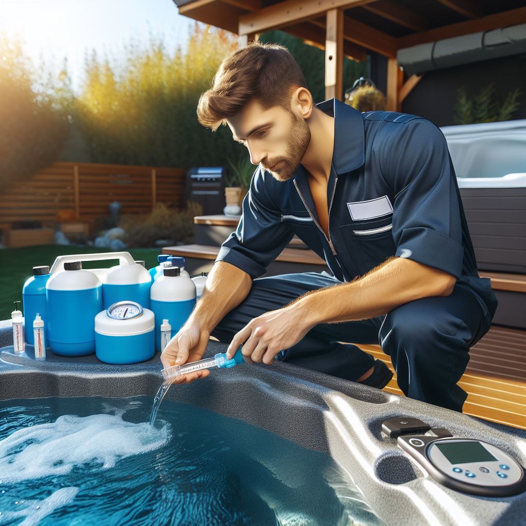 A spa technician refilling a spa with clean, treated water, carefully monitoring the flow to ensure an even fill. The technician is checking and adjusting chemical levels with testing equipment, ensuring the ideal balance for safe soaking. Nearby, a thermometer indicates the desired water temperature, while the technician inspects the clarity of the water to meet the homeowner's standards. The spa is visually appealing, with sparkling clear water reflecting the sunlight. The atmosphere conveys a sense of relaxation and readiness, highlighting the technician's dedication to providing a pristine spa environment for ultimate enjoyment.