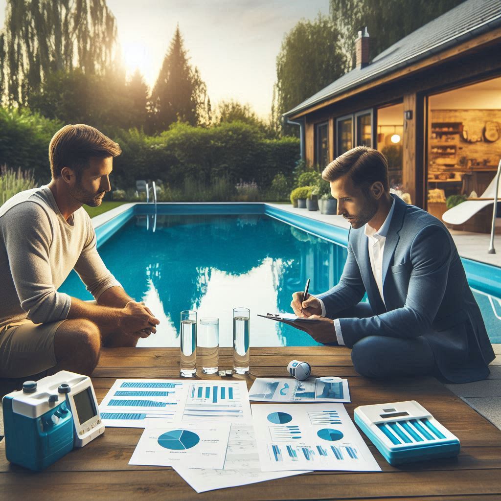 A professional pool consultation scene in a serene backyard, where a pool expert is meeting with a homeowner beside a large swimming pool. The expert is taking notes while reviewing the pool’s size, type, and specific concerns, such as water quality and cleaning needs. The homeowner is engaged in the discussion, expressing their preferences. The pool reflects the surrounding landscape, and the atmosphere is calm and focused. Charts, measurements, and water testing kits are visible, emphasizing the thorough assessment and personalized service approach to ensure optimal cleaning and maintenance results.