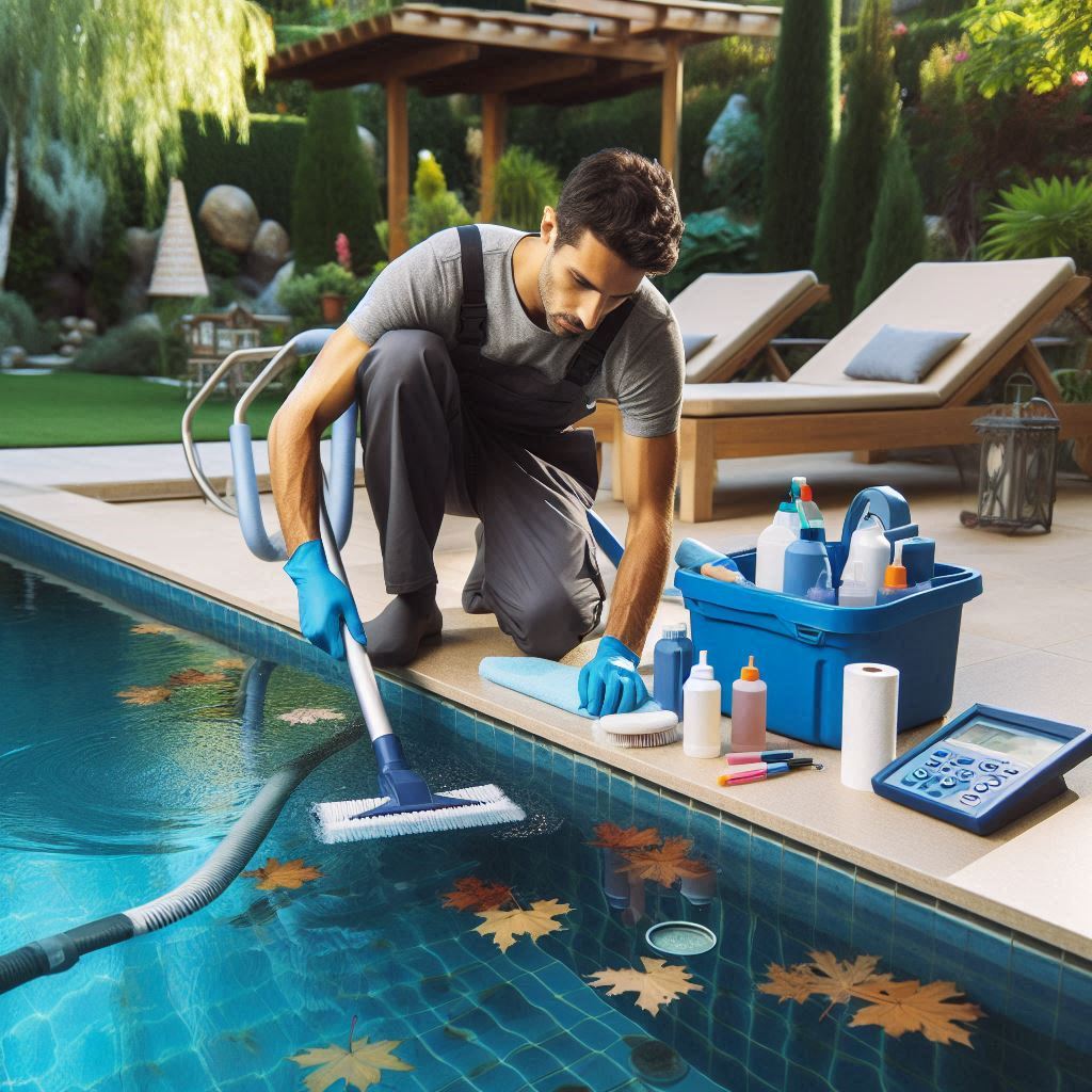 A professional pool cleaner meticulously working on a swimming pool during a routine maintenance visit. The cleaner is vacuuming the pool floor, while tools like brushes are used to scrub the walls and tiles. Nearby, water testing kits are laid out, and the cleaner checks chemical levels to ensure a safe swimming environment. Leaves and debris are being removed from the water’s surface, leaving the pool sparkling clean. The peaceful backyard setting is well-maintained, with sunlight reflecting off the clear, pristine water, showcasing the thorough care taken during each cleaning session.