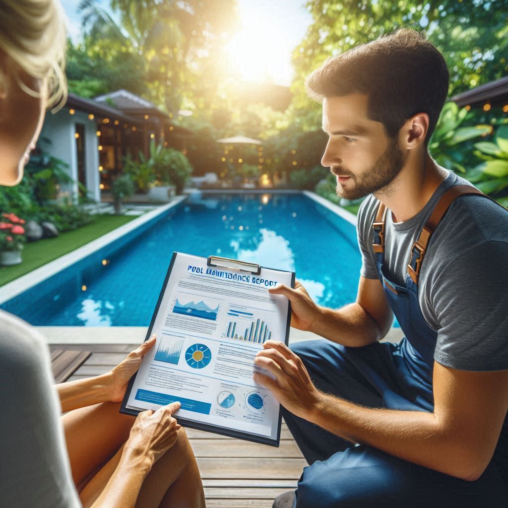 A pool maintenance technician presenting a detailed report to a homeowner after a maintenance session in a beautiful backyard. The report outlines findings and recommendations, with visuals like graphs and notes visible. The technician is explaining the contents of the report, while the homeowner listens attentively, showing interest and understanding. The pool in the background is sparkling clean, surrounded by lush greenery, creating a serene atmosphere. The scene highlights the importance of ongoing communication and quality service, ensuring the pool remains a safe and enjoyable retreat for years to come.