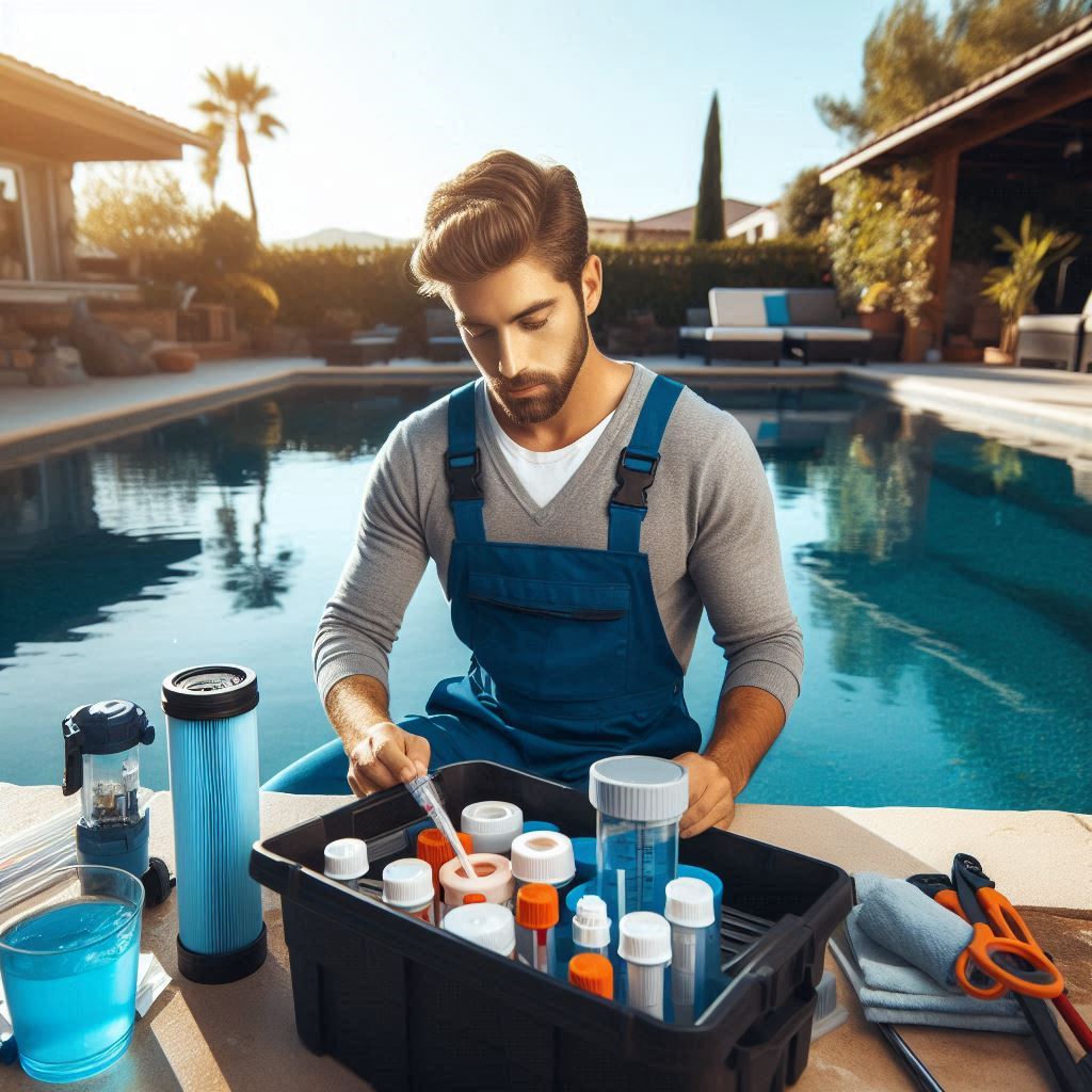 A professional pool maintenance technician visiting a backyard pool for a scheduled service. The technician is focused on essential tasks such as cleaning filters, checking water chemistry with testing kits, and inspecting pool equipment like pumps and heaters. The pool is in pristine condition, with clear water reflecting the blue sky. Tools and equipment are neatly arranged nearby, showcasing the technician's proactive approach. The atmosphere is bright and organized, emphasizing the commitment to keeping the pool in peak condition and preventing potential issues.