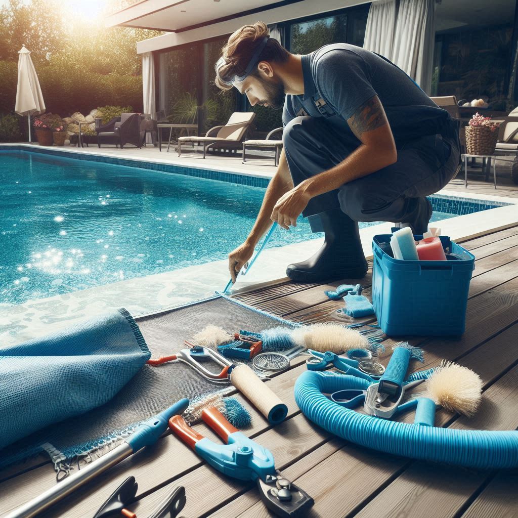 A professional pool technician conducting a detailed assessment of a swimming pool during the opening or closing process. In the foreground, the technician is removing a cover and cleaning debris from the pool surface, with tools like skimmers and brushes nearby. The pool water is sparkling and clear, indicating preparation for the season. The scene also captures elements of the closing process, such as inspecting equipment and checking systems for proper shutdown to prevent winter damage. The surrounding area is well-maintained, showcasing the commitment to thorough care and attention to detail for both opening and closing tasks.