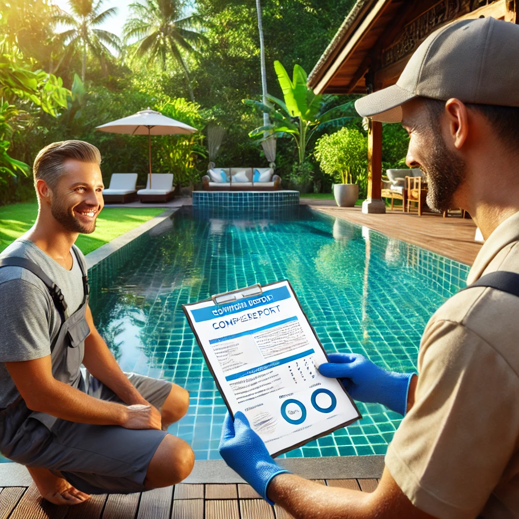 A pool cleaner handing a comprehensive report to a homeowner after a pool maintenance session in a tranquil backyard. The pool sparkles under the sun, and the surrounding area is pristine, with clear water and freshly cleaned walls and tiles. The report shows details of the cleaning work and suggestions for future maintenance. The homeowner is smiling, relaxed, and ready to enjoy their well-maintained pool. The atmosphere is peaceful, with lush greenery and a relaxing outdoor setting that highlights the value of professional care and ongoing support."