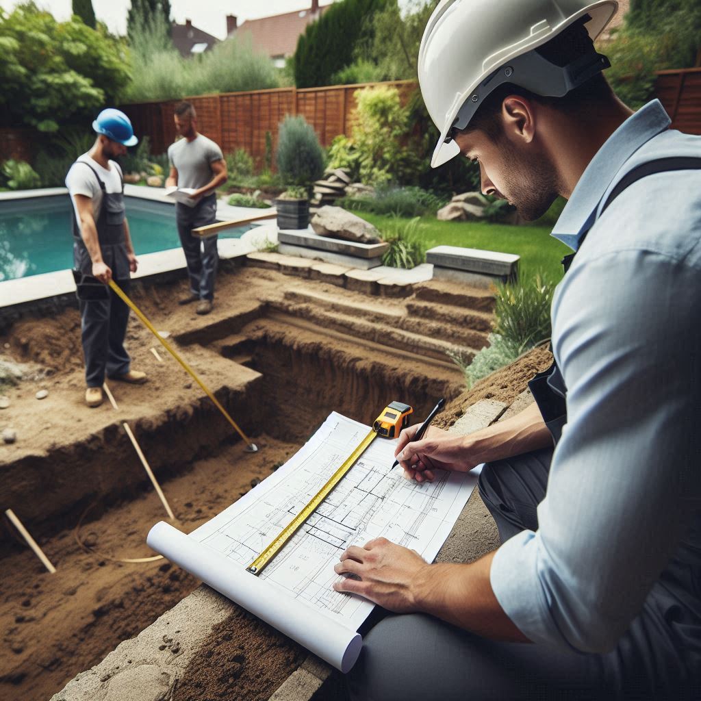 A team of professionals evaluating the backyard space for a pool installation. Measuring tools are being used to assess the ground, with one person reviewing a site plan. The area is marked for excavation, and the background shows a combination of greenery, shrubs, and the existing garden. The focus is on precision and planning, with workers wearing construction helmets to indicate a serious approach to safety.