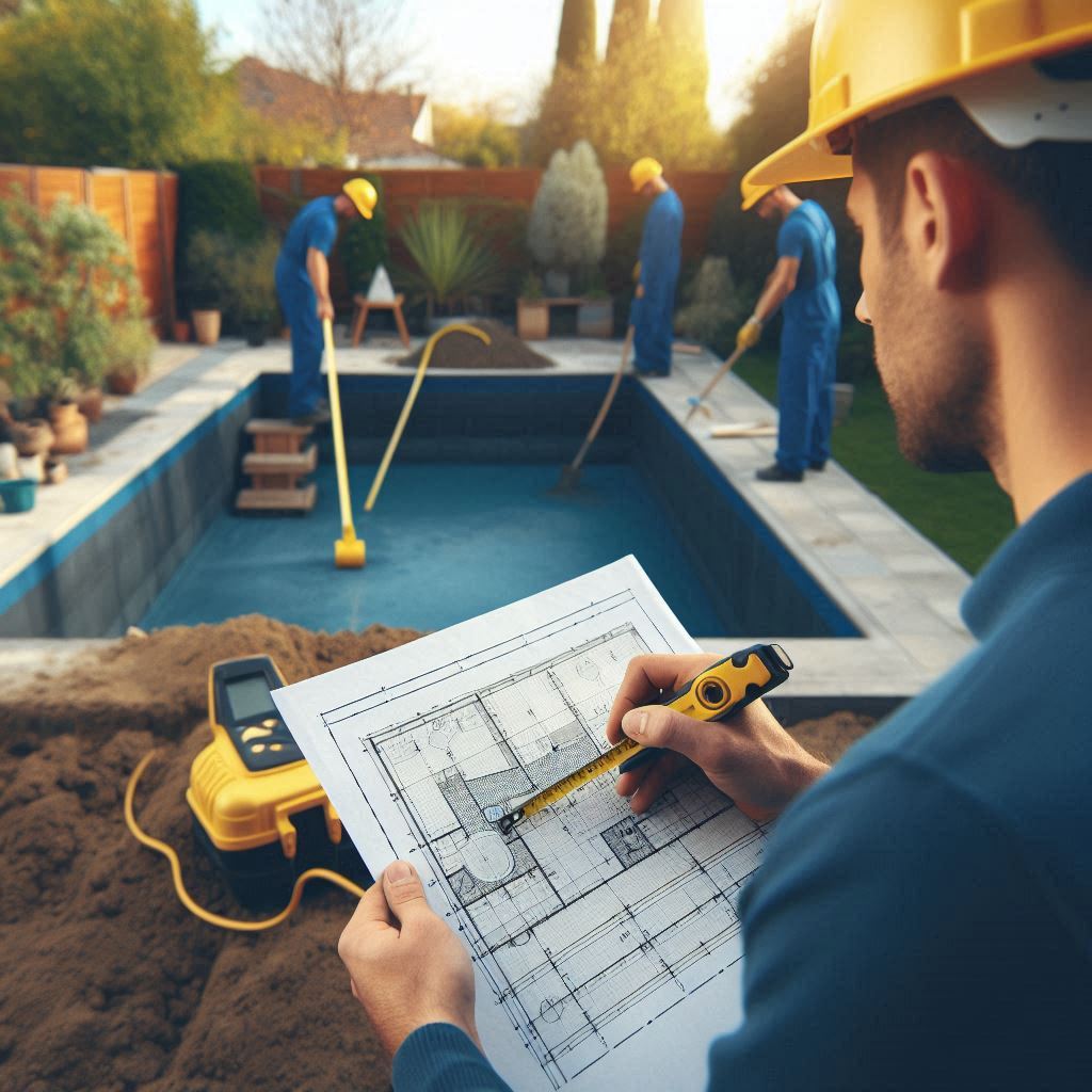 Construction workers building a swimming pool in a backyard. The pool structure is partially built, with tools and construction materials like steel frames, cement mixers, and pipes visible around the site. Workers are shaping the pool’s foundation, and the area is busy with activity. The setting still includes trees and a partially landscaped garden, with the pool's installation progressing smoothly.