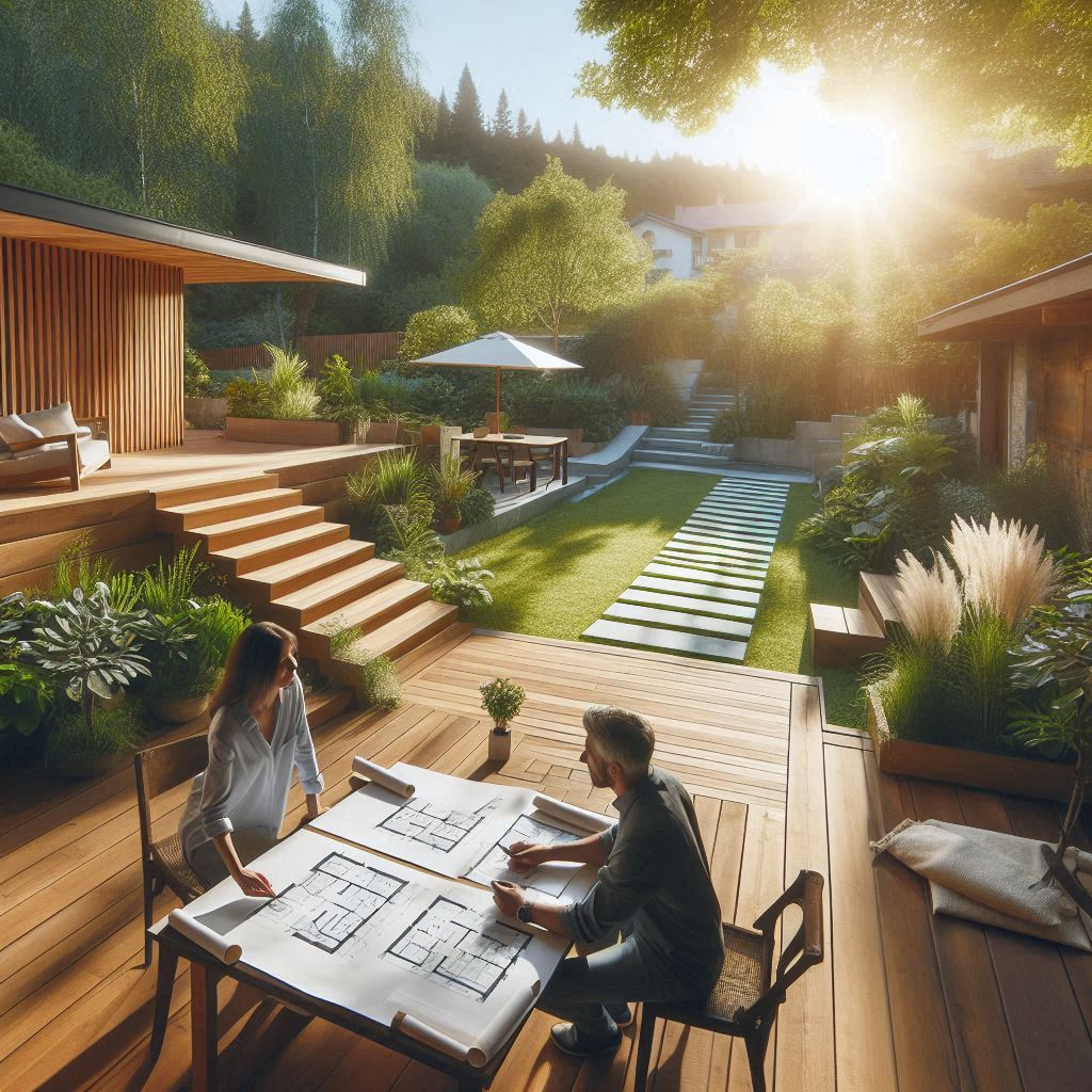 A serene outdoor setting with a design expert discussing deck and stair plans with a homeowner. The scene showcases a partially built wooden deck extending into a backyard, framed by lush greenery and open space. The homeowner is expressing their ideas, while the expert holds design sketches. Two options are visible: a sleek, modern deck with clean lines and glass railings, and a rustic, wooden design with natural textures. The mood is collaborative and creative, with sunlight filtering through the trees, highlighting the attention to detail and personalized approach in the custom deck design process.