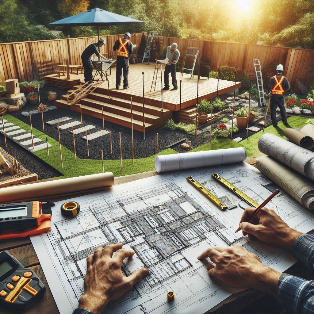 A detailed construction planning scene where professionals evaluate an outdoor site for a custom deck installation. The area is marked with stakes and measuring tools, while workers review blueprints and take precise measurements. Safety features like guardrails are being checked, and the terrain is being inspected for necessary grading or landscaping adjustments. A variety of materials are neatly arranged for use, and permits are being reviewed on a clipboard. The atmosphere is organized and focused, highlighting the thorough planning and preparation that ensures a seamless installation process.