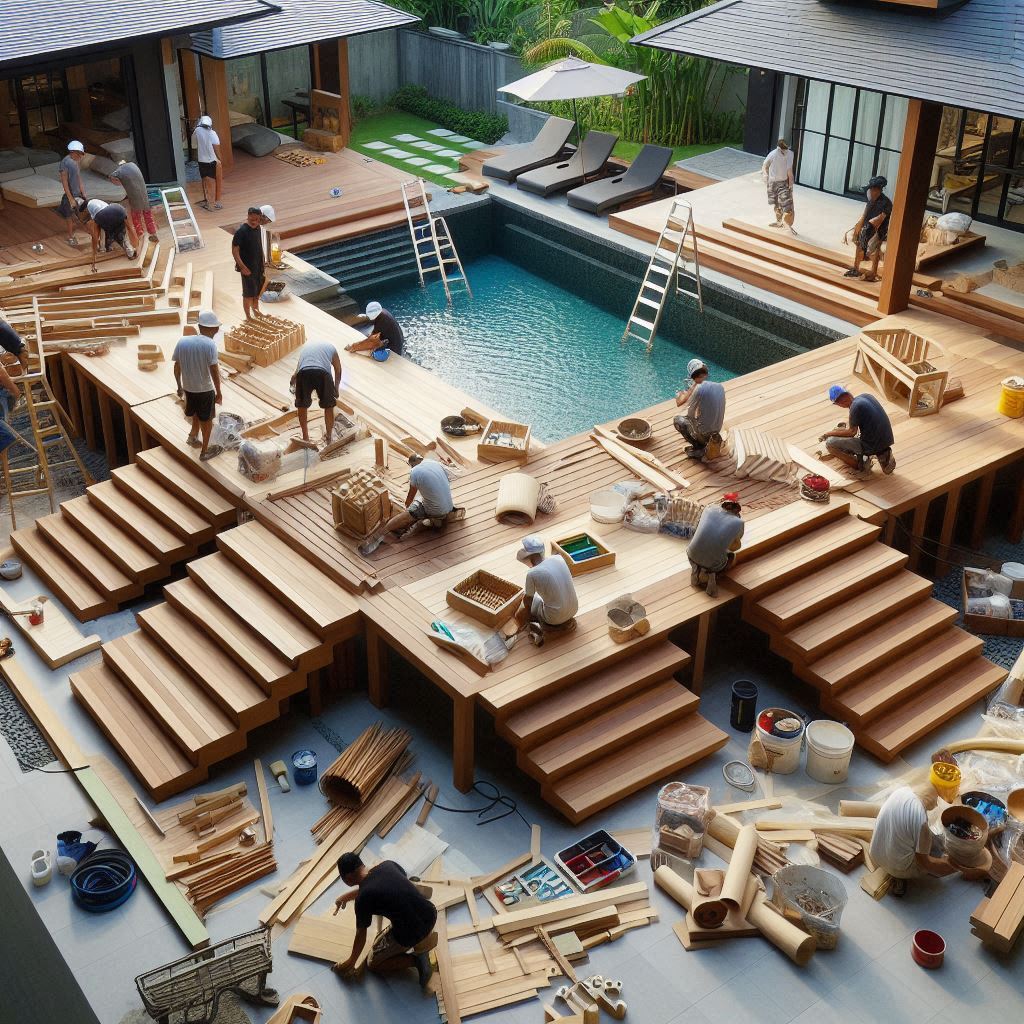 A lively construction scene where a team is building a custom deck and stairs around a pool area. Workers are actively assembling the structure, using durable materials like wood and steel. The deck is beginning to take shape, with part of it already completed, showcasing the clean lines and solid craftsmanship. The pool shimmers under the sun, and the surrounding area is being transformed into a stylish, relaxing space. Tools and materials are neatly organized, and the team works diligently, ensuring the design is followed perfectly. The atmosphere conveys progress, quality, and anticipation of a beautiful outdoor retreat.