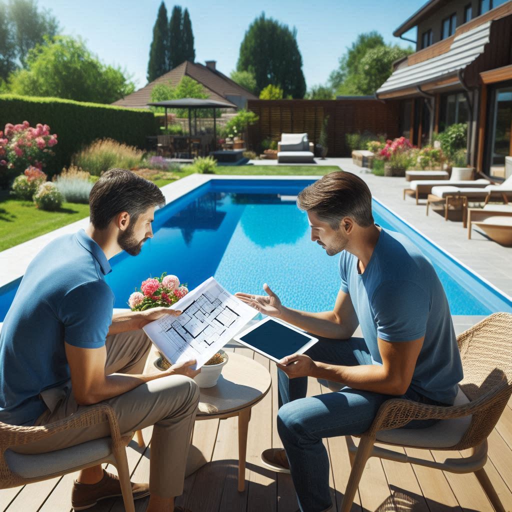 A swimming pool design consultation taking place in a sunny backyard. A pool designer and a homeowner are discussing plans, with the designer showing blueprints or 3D designs on a tablet or paper. The backyard is spacious, featuring trees, flowers, and a house in the background. The mood is professional but relaxed, with the homeowner excitedly reviewing the plans, envisioning their future pool.